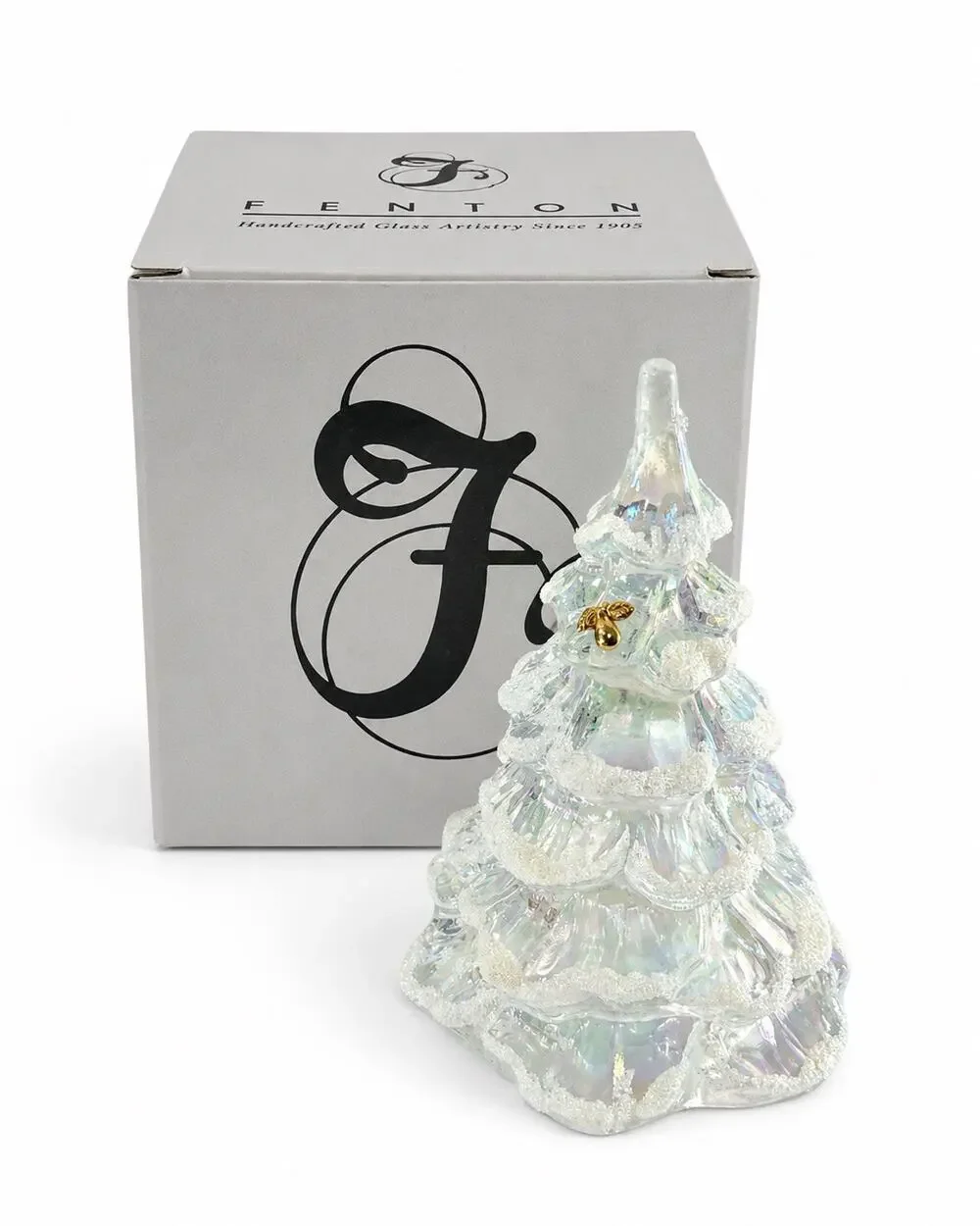 Fenton Art Glass Iridescent Christmas Tree Figurine Gold Accent 6” READ